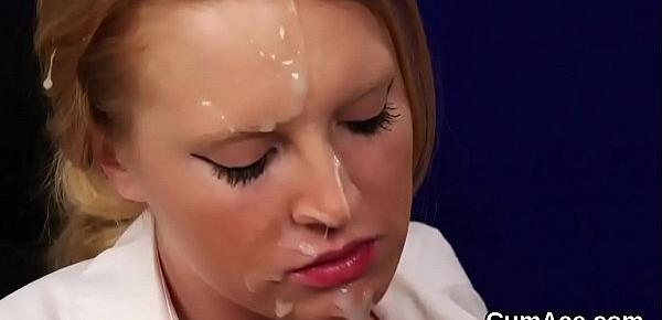  Hot honey gets jizz shot on her face swallowing all the load